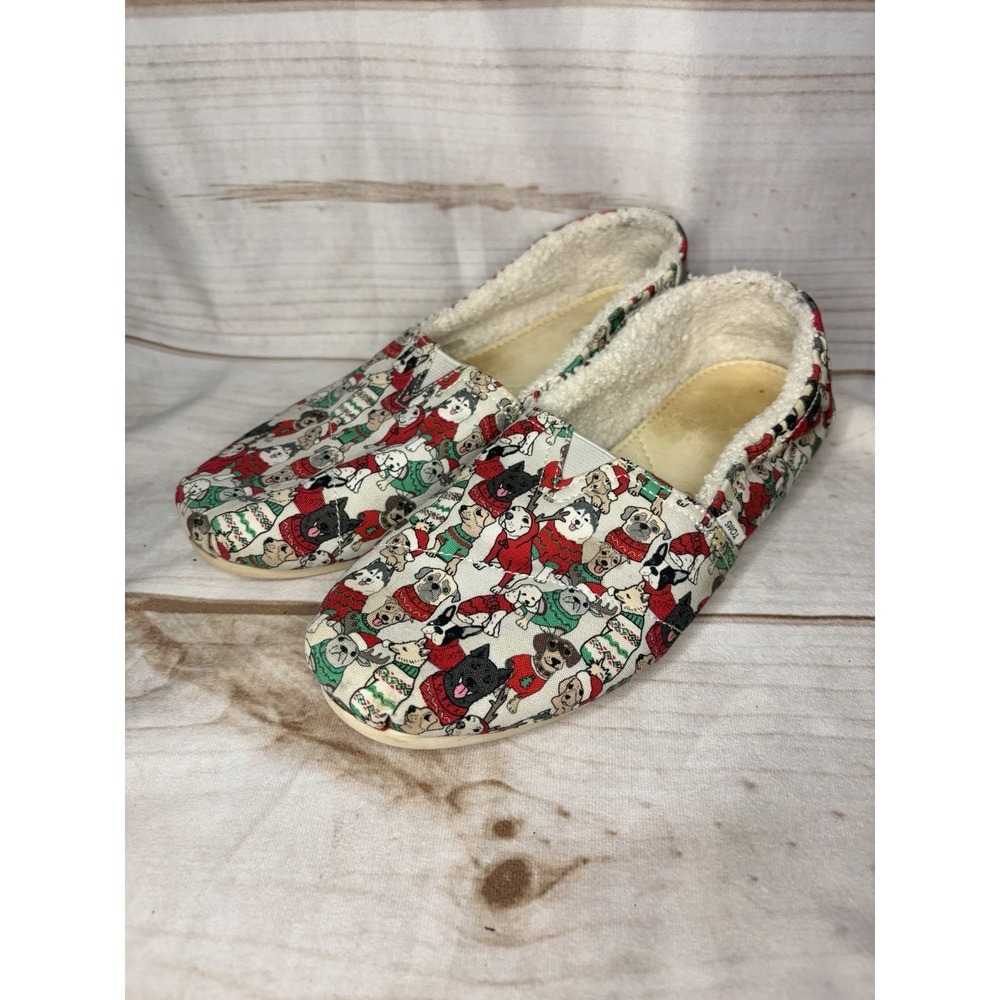 TOMS Holiday Dog Print Faux Shearling Slippers‎ Women's US 8.5 Christmas